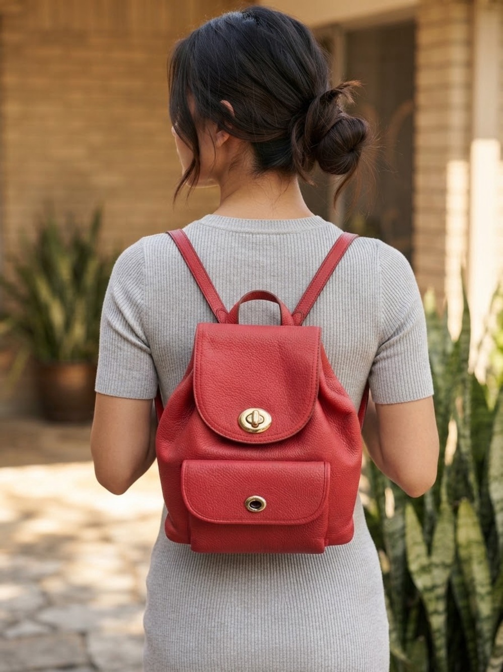 Coach Mini Turnlock Rucksack Backpack True Red Pebble Leather Silver Hardware